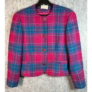 Vintage Pendleton Womens Size 8 Blue Pink Plaid Jewel Button Wool Blazer